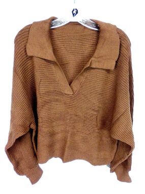 Chyrll V Neck Soft Knit Oversized Long Sleeve Crop Sweater Carmel Large